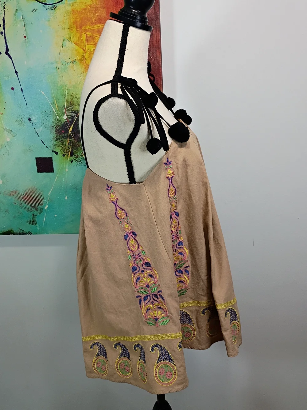 Endless Rose Embroidered Tan Shift Top With Pom Pom Shoulder Ties - Picture 3 of 8